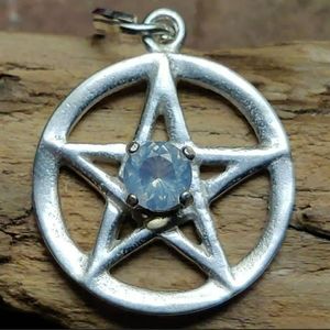 Oregon Opal gemstone Silver Pentacle pendant necklace #005